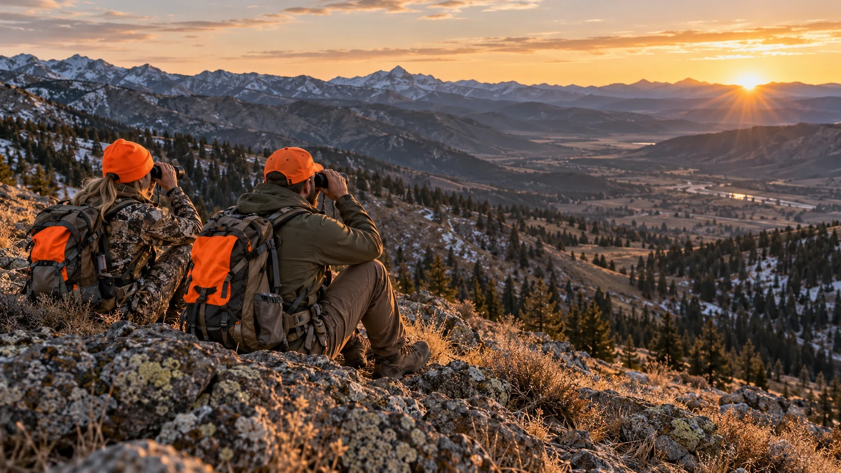 A woman and a man scouting a mountain valley with binoculars and orange safety hats