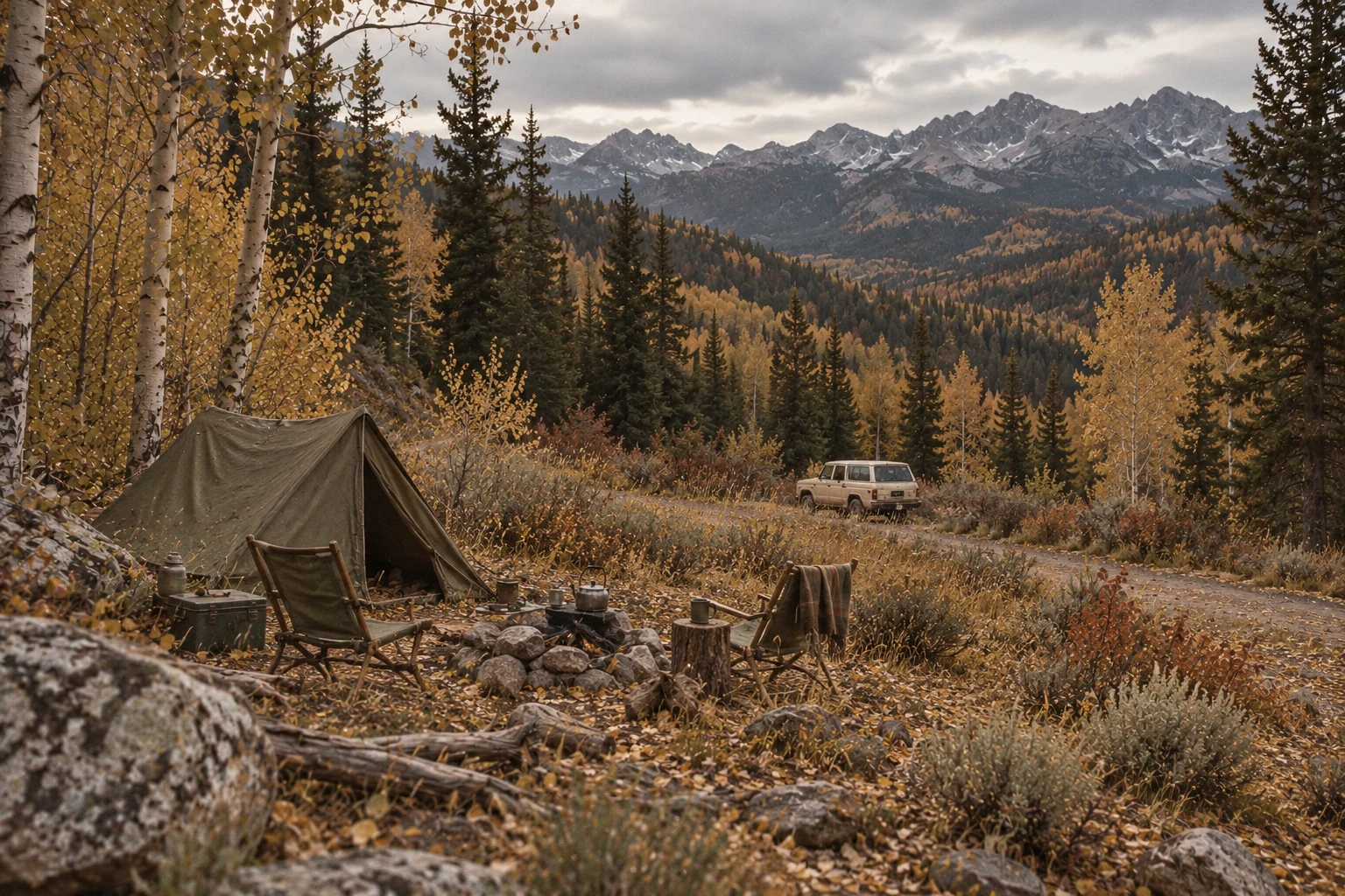 A cream 60-series Toyota Land Cruiser beside a winding mountain road among golden fall aspens